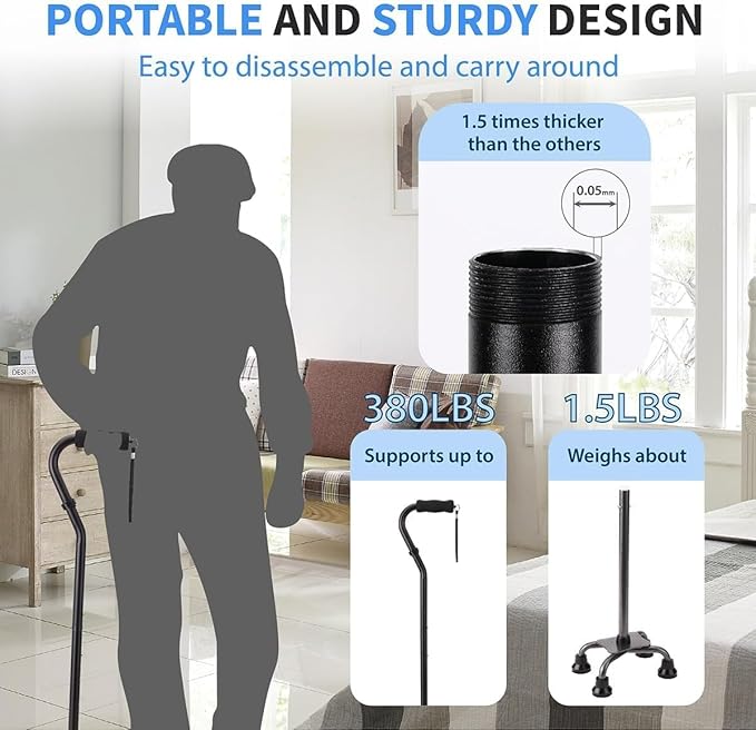 Walking Cane for Women & Men, Adjustable Quad Cane with 4-Prong Base for Stability and Balance, Folding Aluminum Walking Stick for Seniors
