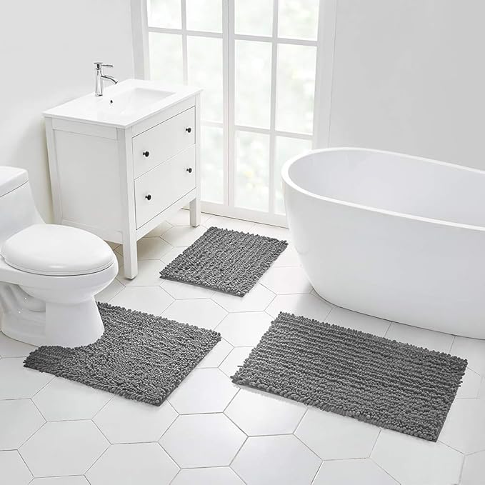 Walensee Bathroom Rug Non Slip Bath Mat (44x24 Inch Grey) Water Absorbent Super Soft Shaggy Chenille Machine Washable Dry Extra Thick Perfect Absorbant Best Large Plush Carpet for Shower Floor