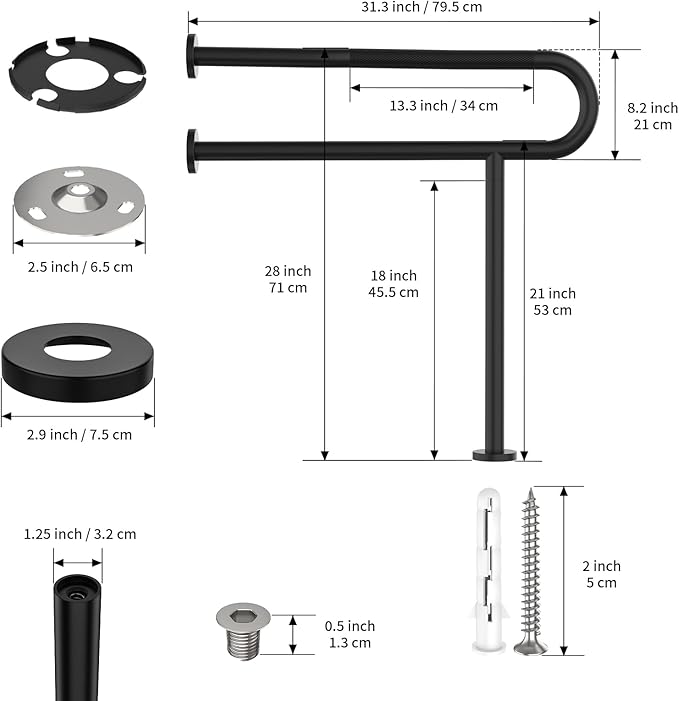 Toilet Support Rail 31.3X 31.5 Inch, Munzong Anti-Slip Black Handicap Grab Bar for Bathroom, Stainless Steel Knurled Safety handrails with Leg for Elderly Disabled Pregnant-1.25’Tube