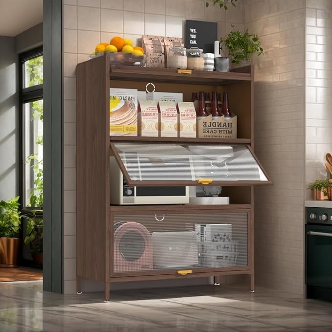 44'' Tall Metal Storage Cabinet with 3 Flip Doors, Freestanding Steel Organizer with Ample Storage Space for Bedroom Living Room Kitchen Office Entryway, Storage Organizer Walnut Finish