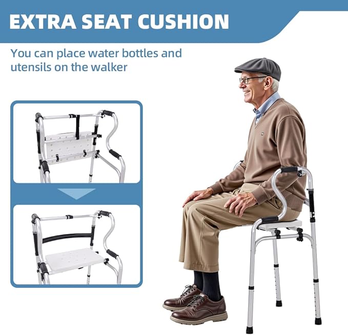 300LBS Lightweight Folding Walker with Seat,Storage Bag,Adjust Height (5'-6'5"), 2-in-1 Fixed/Cross Modes, Stable Aluminum Mobility Aid for Seniors, Post-Surgery Patients & Mobility-Impaired