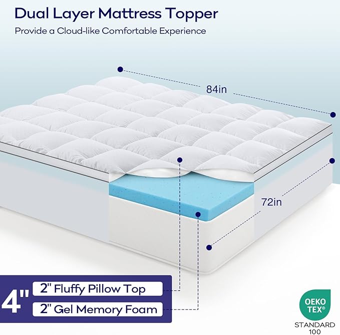 OLANLY Dual-Layer 4 Inch Cal King Size Memory Foam Mattress Topper for Back Pain, 2 Inch Cooling Pillow Top Mattress Pad Cover and 2 Inch Gel Memory Foam Topper, Deep Elastic Pocket, White