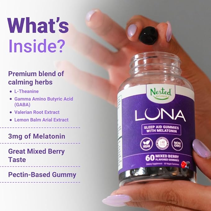 Nested Naturals Luna Sleep Gummies - Non-Habit Forming Melatonin Gummies 3mg with L-Theanine, Valerian Root, GABA, and Lemon Balm - Sleep Gummy for Adults - Mixed Berry, 60 Vegan Gummies