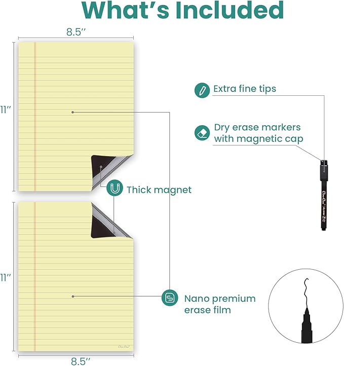 Magnetic Dry Erase Board – 8.5”x11” Reusable Lined Dry Erase Notebook Sheet for Fridge 2 Pcs – Marker Included