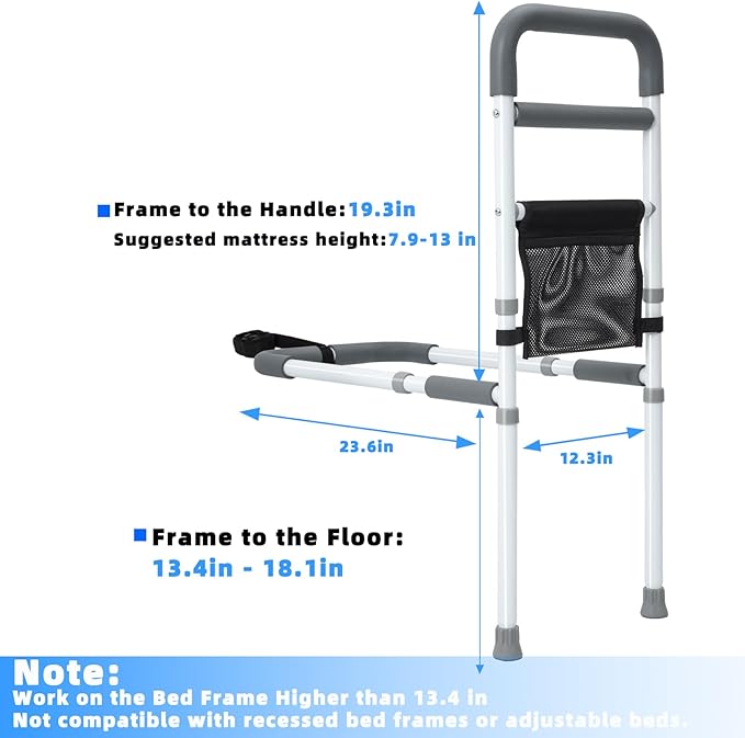 Bed Rails for Elderly Adults Safety - Adjustable Bed Assist Rail for Seniors Fall Prevention with Support Leg, Bedside Grab Bar Cane with Storage Pocket, Fits King, Queen, Full, Twin Bed