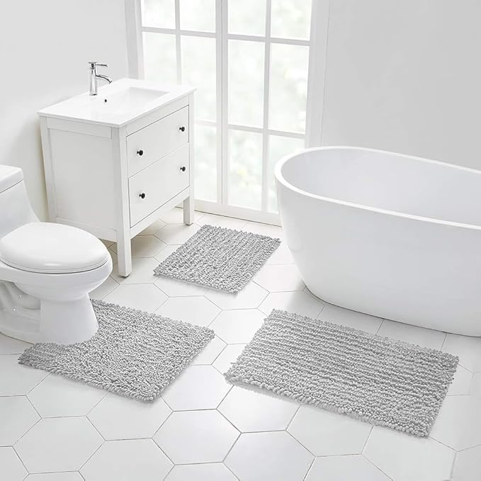 Walensee Bathroom Contour Rug Non Slip Toilet U Shaped Bath Mat (20x24, Light Grey) Water Absorbent Super Soft Shaggy Chenille Machine Washable Dry Extra Thick Perfect Absorbant Best Plush Carpet