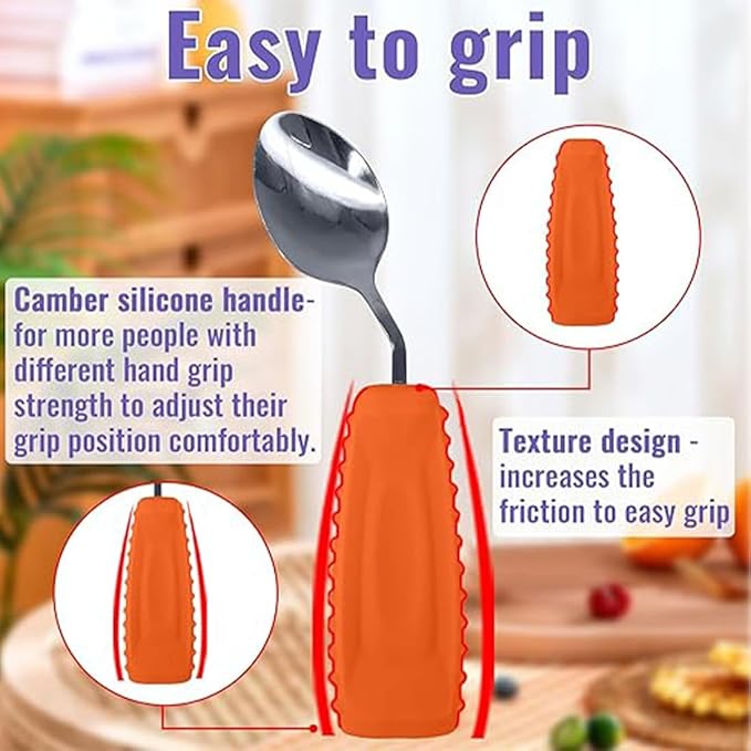 Adaptive Utensils,Weighted Angled Silverware,Parkinsons Aids,Angled Silverware Spoon and Fork Set for Elderly, Arthritis, Dementia, Disable, Handicapped Hands (Right Hand,Pack of 2,Orange)