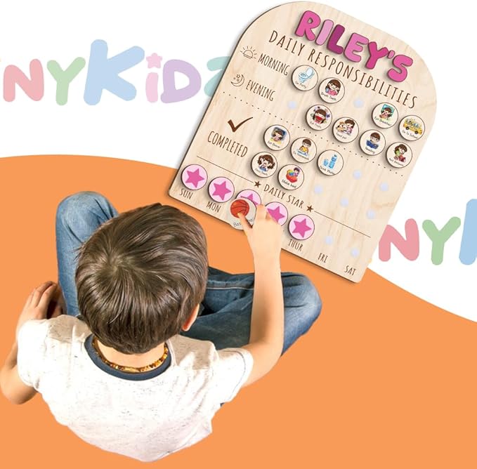 Personalized Wooden Chore Chart for Kids 15x17", Visual Schedule, Routine Chart for Kids, Morning Bedtime Routine Chart for Toddlers Ages 2-4, Daily Kids Schedule Board for Home (11)