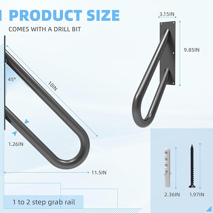 2 Pack Handrails for Outdoor Steps Wall Mount, Railings for 1-2 Steps, U-Shaped Handrail with Matte Black Finished, Stair Handrails for Garage, Porch, Yard and Garden (18" Length, 1.25" Pipe)