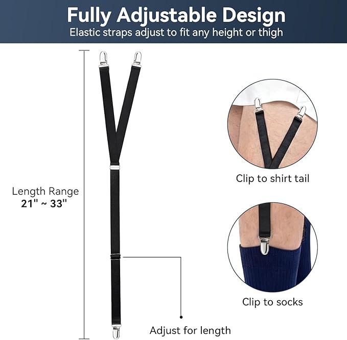 Shirt Stays for Men, Premium Y-Style Adjustable Soft Smooth Elastic Sock Garters with Reinforced Non-Slip Clips, Keep Shirts Tucked, Ideal for Police, Military, and Professionals (1 Pair)