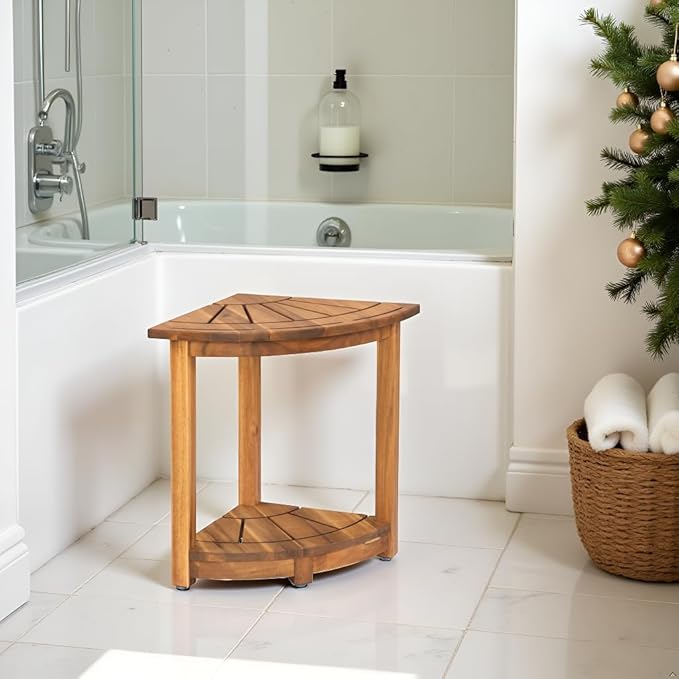 Acacia Wood Corner Shower Stool - Waterproof Triangular Bathroom Bench with Storage Shelf & Soap Dish for Shaving, Natural Wood (17.9x12.7x16.5)