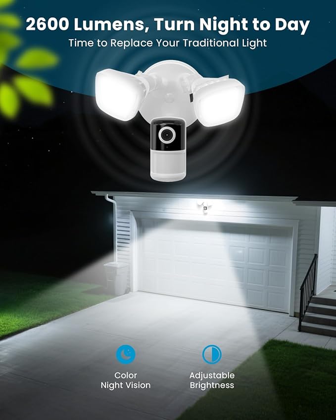 ieGeek Floodlight Camera, Outdoor Home Security Camera, 2K Wired Flood Light Camera Outdoor with Motion Sensor Cam, 2600 Lumens, Color Night Vision, 110dB Siren, 2 Way Audio, Compatible with Alexa
