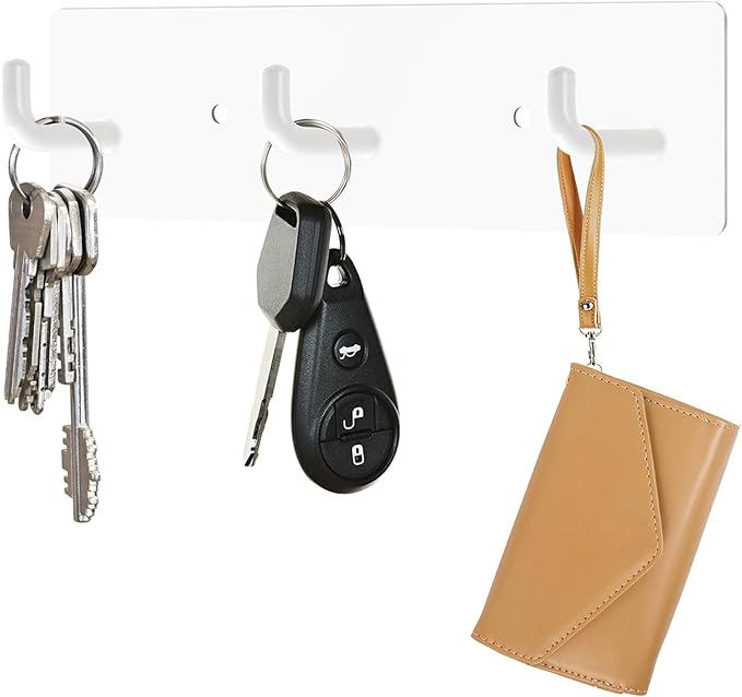 RELBRO Key Holder Wall Mount, Small Metal Self Adhesive Key Rack with 3 Hooks, 2 Installation Options, White