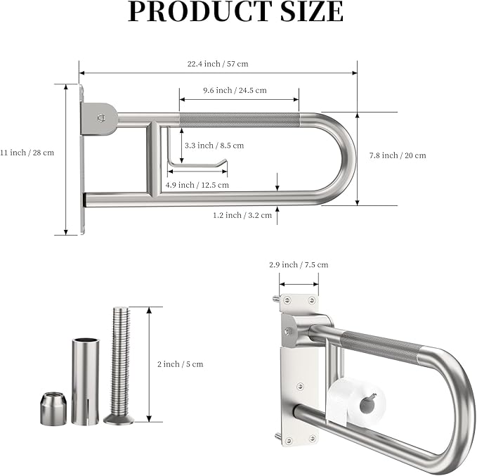 Toilet Grab Bar 22.4 Inch, YuanDe Brushed Nickel Anti-Slip Support Rail, U Shaped Flip-Up Grab Bar with Paper Holder, Stainless Steel Knurled Handicap Safety Handrails for Disabled Elderly Pregnant
