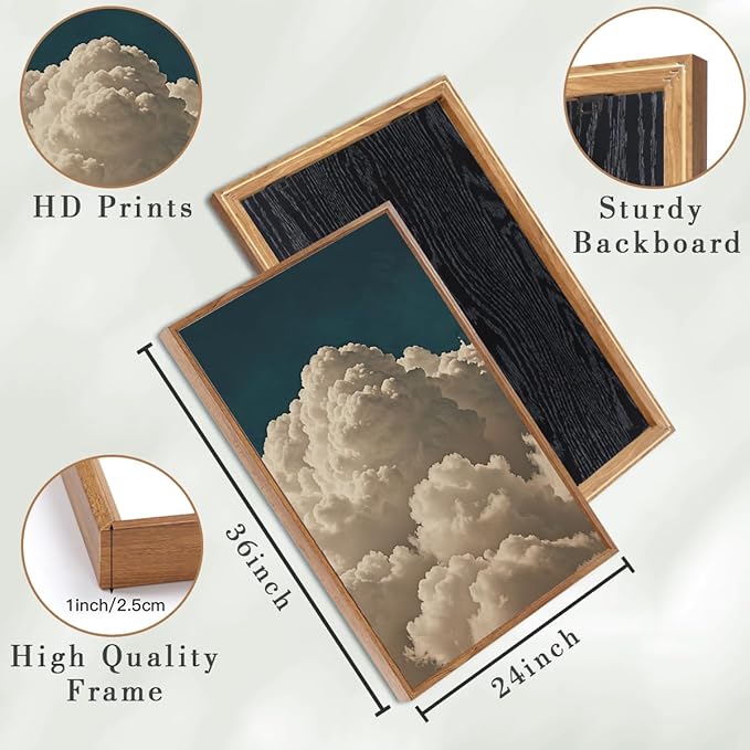 IARTTOP Extra Large Navy Blue Cloud Wall Art 24x36 Inch Framed Abstract Modern Landscape Canvas Wall Decor Minimalist Sky Painting Set of 3 for Bedroom Living room Office