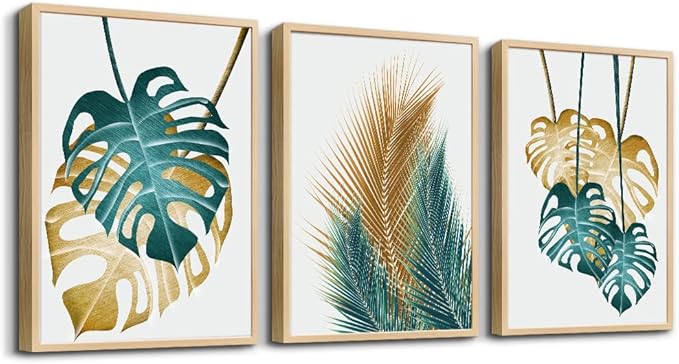 Natural Wood Framed Wall Art For Living Room Wall Decorations For Bedroom Kitchen Wall Decor Dining Room Abstract Painting Leaves Wall Pictures Artwork Bathroom Home Decor 3 Piece Framed Art Prints