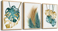 Natural Wood Framed Wall Art For Living Room Wall Decorations For Bedroom Kitchen Wall Decor Dining Room Abstract Painting Leaves Wall Pictures Artwork Bathroom Home Decor 3 Piece Framed Art Prints