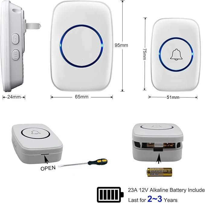 Wireless Doorbell, FullHouse Waterproof Door Bell Kit, Distinguish front and rear doors, Over 1000 feet Range and 60 Chime, 5 Levels Volume and LED Flash, for Home Office Classroom