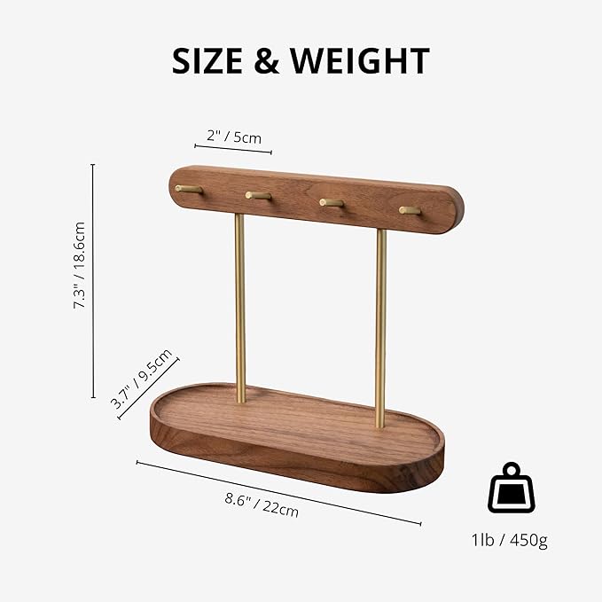 muso wood Walnut Key Stand for Entryway Table, Wooden Key Holder with 4 Hooks, Perfect for Key Trays, Valuables Trays, Jewelry Trays