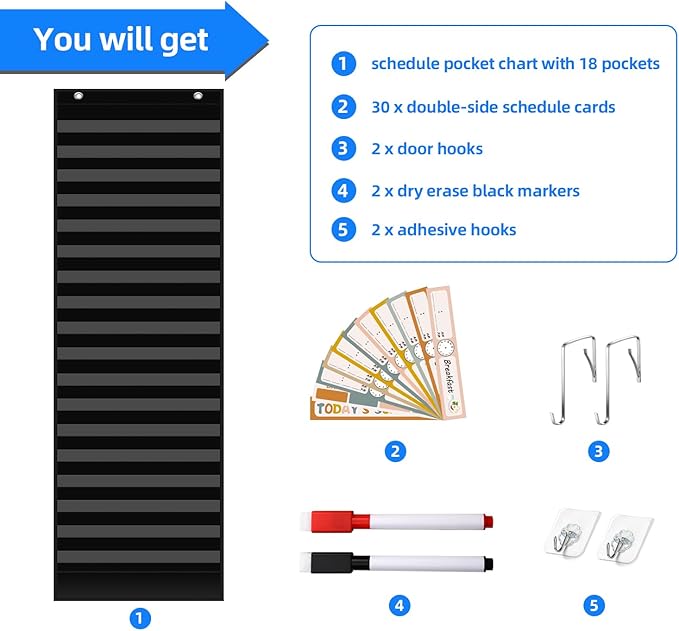 REGELETO Boho 18+1 Pockets Daily Schedule Pocket Chart, 30 pcs Double-Sided Reusable Cards, Scheduling Pocket Chart for Classroom Office Home School Activity(Black)