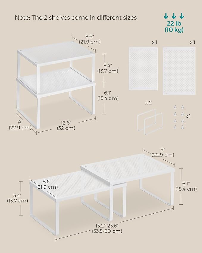 SONGMICS Spice Racks, Set of 4 Metal Cabinet Shelf Organizers, Countertop Organizers, Shelf Risers, Stackable, Expandable, White UKCS006W01