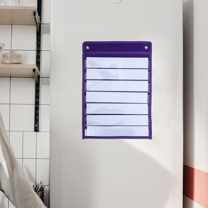 Hanging Pocket Chart Organizer Pouch Polyester Iron Material 10 Dry Erase Cards for Classroom, Wall or Door, Schedule Memo Note Storage Bag Purple