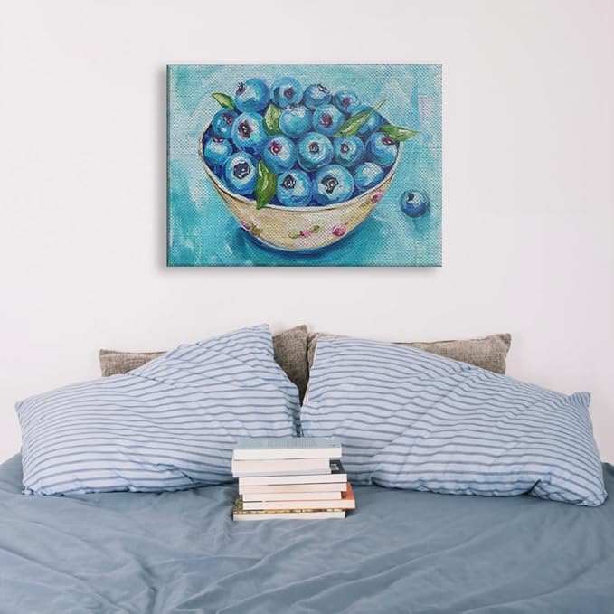 Elivita Fresh Blueberry Design 3 Horizontal Canvas Art Print Home Decor Pictures Poster for Bedroom Living Room Bathroom Office With Framed