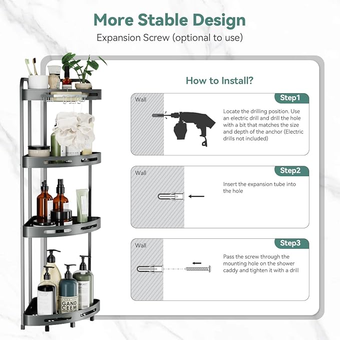 Corner Shower Caddy Stand, 4 Tier Standing Shower Organizer with Soap Holder, Rustproof Shower Shelves for Bathroom Shampoo Storage, Grey