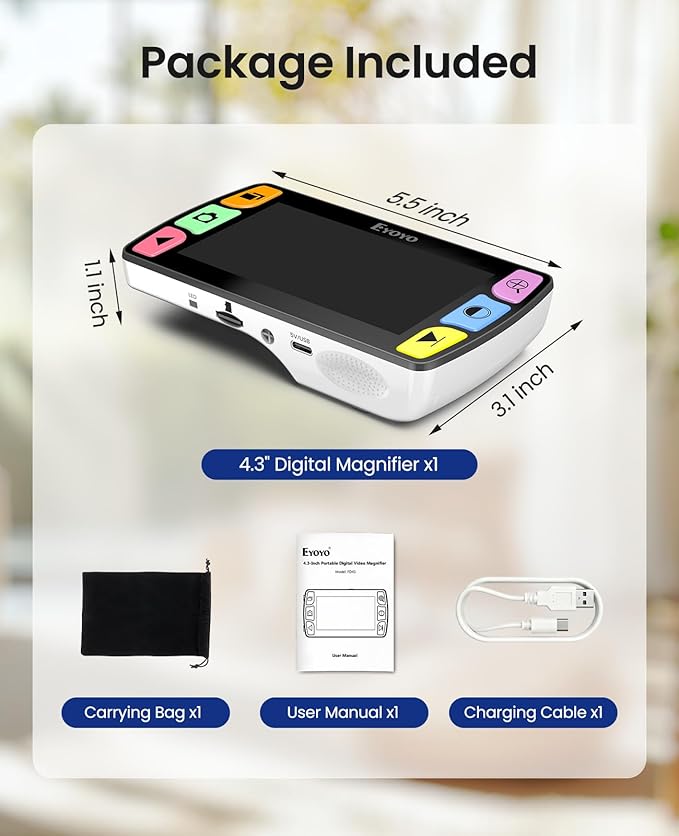 Eyoyo Portable Digital Magnifier 4.3-Inch: Electronic Video Magnifier with 6X–16X Zoom, 12 Color Modes, Rechargeable, Freeze & Snapshot, TF Card Storage, Reading Aid for Books, Labels & Seniors