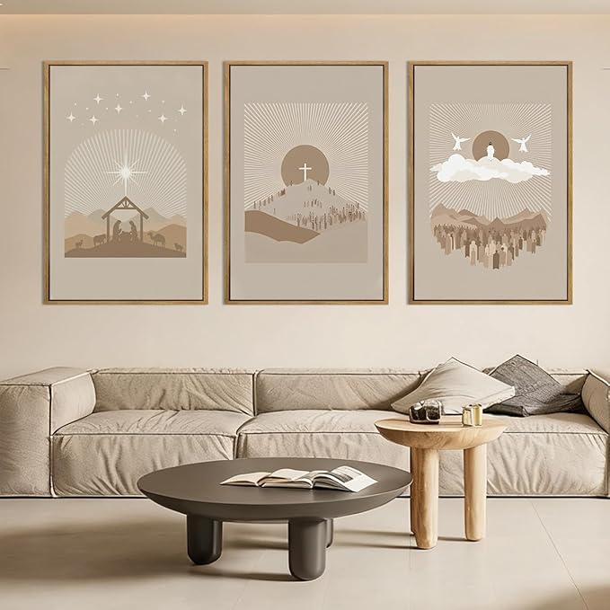IARTTOP Extra Large Jesus Framed Wall Art 24x36 Inch Set of 3 Brown Nativity Christian Canvas Wall Decor Grey Bible Verse Artwork for Church Living room Bedroom