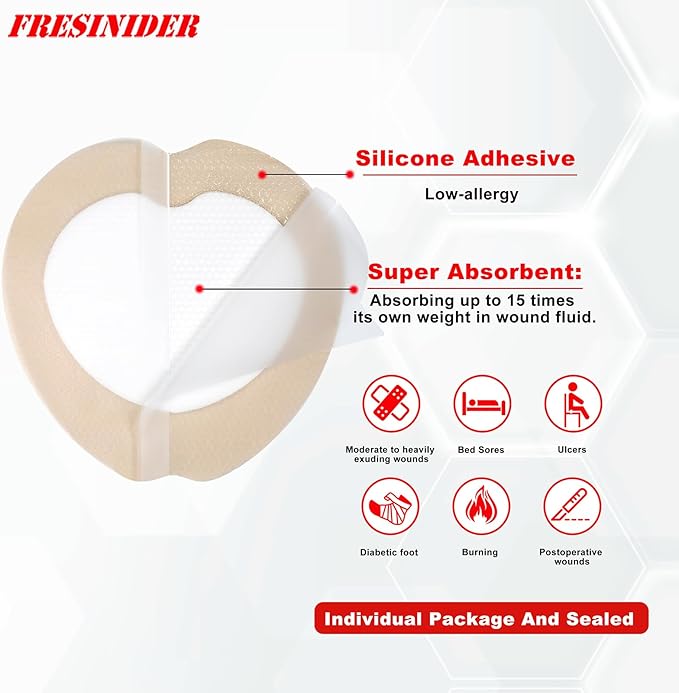 FRESINIDER 7"x7" (Pack of 5) Wound Silicone Sacral Foam Dressing - Sacrum Foam Adhesive with Border - Waterproof Absorbent Breathable Bed Sore Pressure Pads