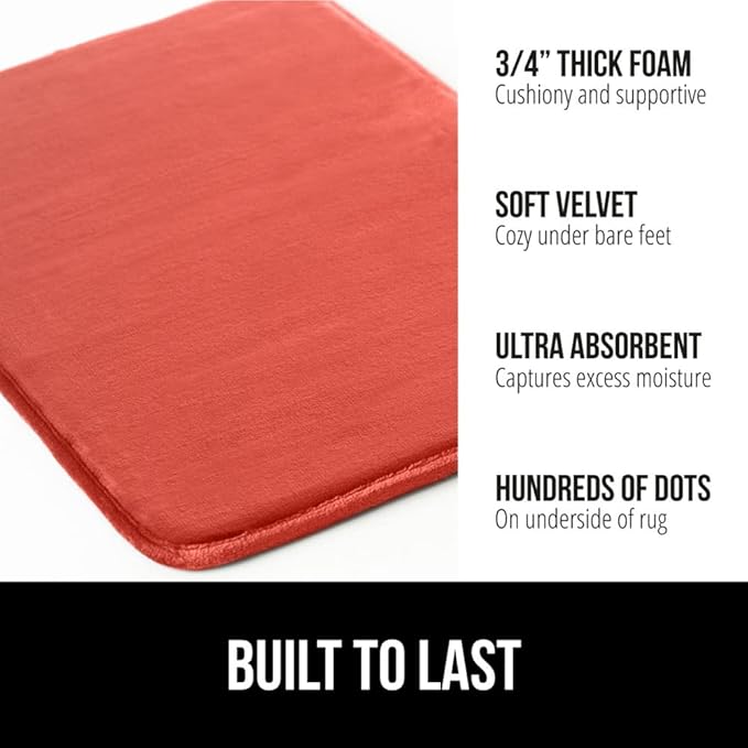 GORILLA GRIP Memory Foam Bath Mat, Soft Absorbent Velvet Bathroom Mats, Durable Dots on Underside, Machine Washable Bathmat, Carpet Rug Room Decor for Shower Tub Floor RV, 24x17 Rugs, Coral
