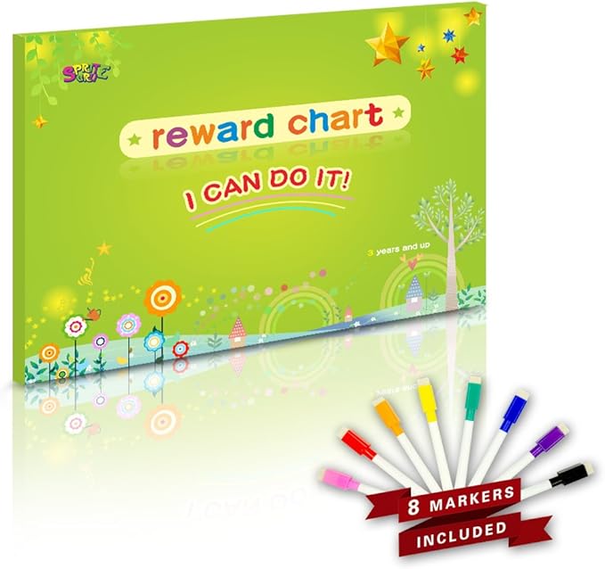 Magnetic Reward Behavior Star Chore Chart for One or Multiple Kids, Includes 8 Markers + 60 Foam Backing Illustrated Chores + 300 Stars in Red, Yellow, Blue. X- Large 17X12 inch. Hanging Loop READY!