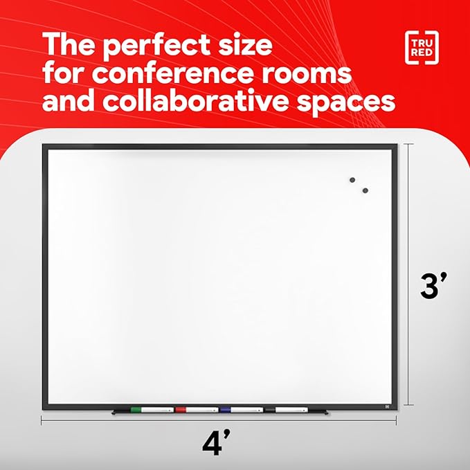 Staples TRU RED Magnetic Dry Erase Whiteboard, 4 x 3 Feet, 4 Multicolor Markers, Black Finish Aluminum Frame for Home, Office, School, White
