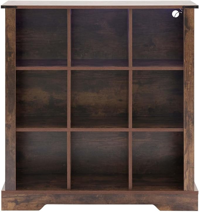 9 Cube Bookcase, Wooden Cube Storage Organizer Shelf, Grey Horizontal Book Shelf with LED Lights, Freestanding Display Cabinet for Living Room, Hallway TV Stand for Entryway