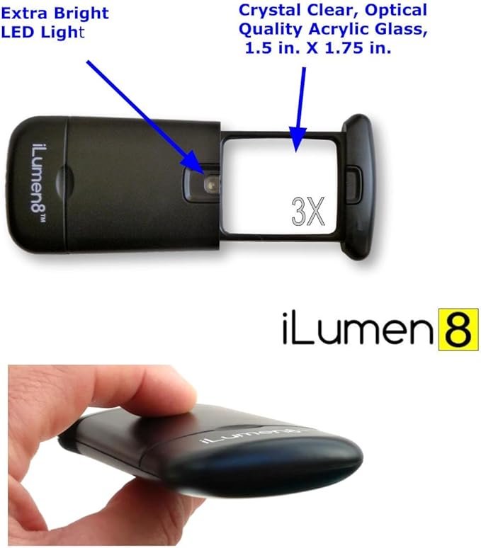 Best Pocket Magnifying Glass by iLumen8-3X Small Magnifier with Lights. Great for Seniors, Kids, Travel. Fits into Purse or Pocket Read Maps, Menu, Jewelry, Coins Hobby Stamps. Lighted Low Vision Aid