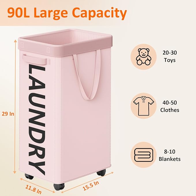 2 Pack Rolling Laundry Basket with Wheels, 90L Hamper with Wheels and Removable Mesh Bag, Pink Laundry Baskets on Wheels for Bedroom, Dorm, Clothes Hamper Organizer