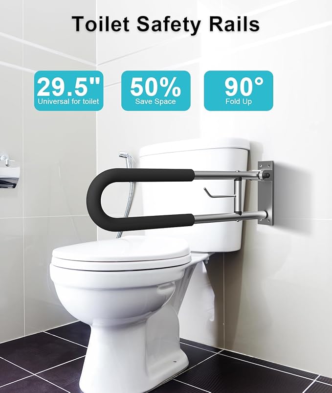 Foldable Toilet Safety Grab Bar, Aluminum Alloy Wall Mounted Handicap Support Rail for Elderly, Disabled, or Recovery Use, Bathroom Handicap Bars for Toilet or Shower