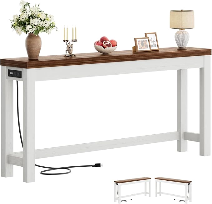 Cyclysio 63" Console Tables for Entryway, Long Console Tables for Living Room, Behind Couch Table, Sturdy Wood Support Farmhouse Entryway Table with 3AC+2USB Charging‌ Station, Rustic Oak