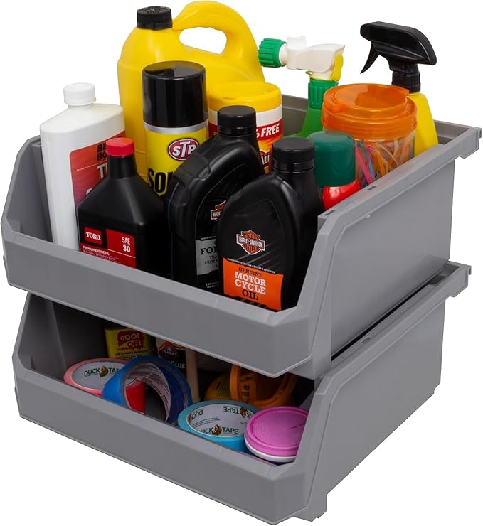 Plastic Containers for Organizing and Storage Bins for Closet, Kitchen, Office, Garage or Pantry Organization, Stackable Bins, Extra Large (14.8" x 16.5" x 7"), 4-Pack, Grey