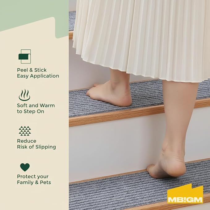 MBIGM 8" X 30" (15 in Pack) Non-Slip Carpet Stair Treads Non-Skid Safety Rug Slip Resistant Indoor Runner for Kids Elders & Pets with Reusable Adhesive - Light Gray - Carpet Pads for Stairs