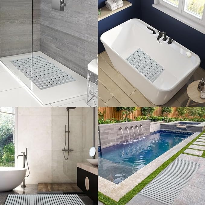 Bath Mat Non Slip Shower Mat Bathtub with Drain Holes and Heavy Duty Rubber No Suction Cups Sturdy Shower Stall Tub Mat for Bathroom, Shower Floor, Pool, SPA, (Grey, 4FT X 32FT)