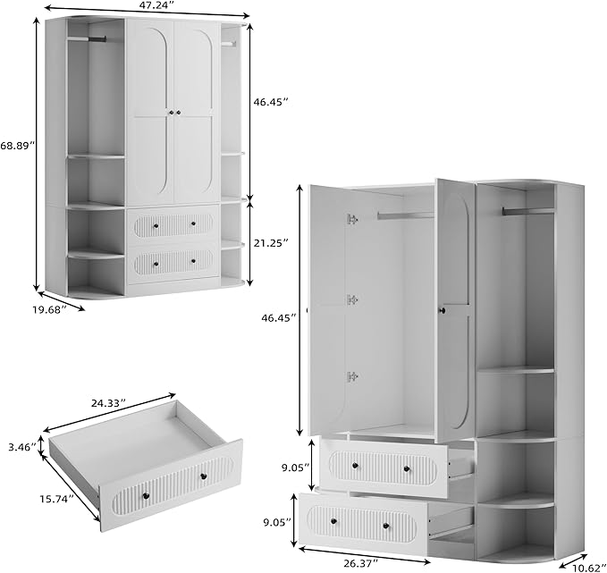 69” Fluted Large Capacity Storage Wardrobe Armoire, Wardrobe Armoire Wooden Closet with 2 Doors, 3 Hanging Rod Shelves, 2 Drawers & 6 Display Shelves, Bedroom Clothing Storage Cabinet White