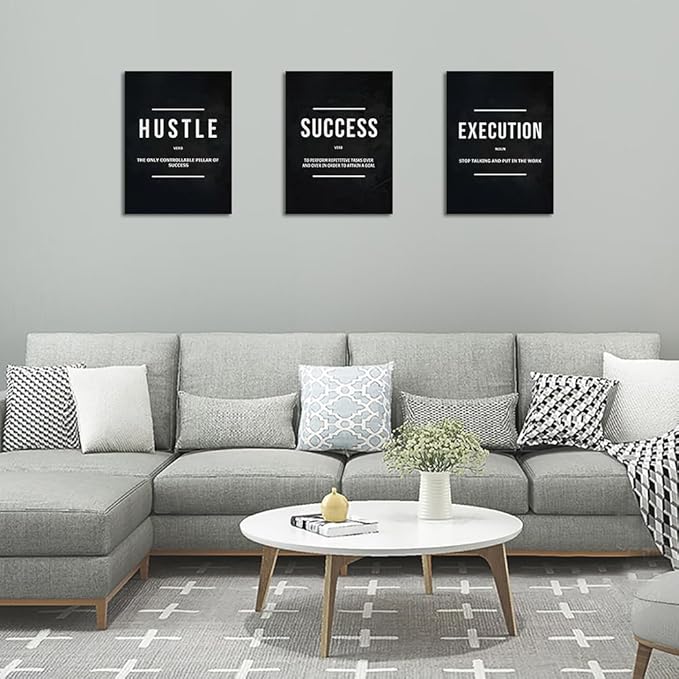 Unbruvo Hustle Success Execution Wall Art for Office, Inspirational Motivational Wall Decor, 3 Pieces Positive Quotes Canvas Wall Art for Entrepreneur Living Room Bedroom(36''Wx 16''H)