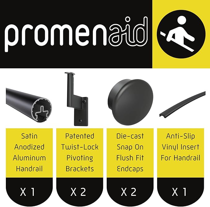 Promenaid 1.5ft Flush Handrail Kit - Black - Complete Indoor/Outdoor Handrail for Stairs - 1.6" Round Anodized Aluminum Railing with 2 Satin Black Painted Pivoting Wall Brackets & Flush Endcaps