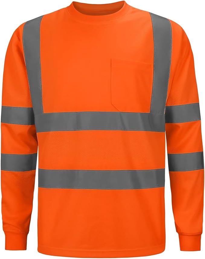 High Visibility Class 3 T Shirts，Hi Vis Safety Shirts with Reflective Strips and Pocket, Long Sleeve Quick Dry Mesh Construction Work Shirt for Men/Women Orange,4XL