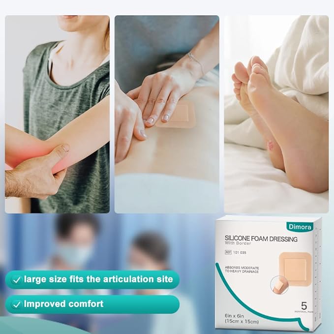 Dimora Silicone Foam Dressing with Border Adhesive 6"x6" Waterproof Wound Dressing Bandage for Wound Care 5 Pack…
