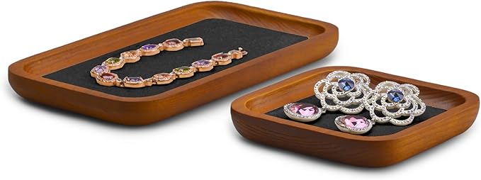 Oirlv Solid Wood Jewelry Display Tray Small Jewelry Tray Rings Earrings Bracelets Necklace Holder Organizer(Rectangle, Grey)
