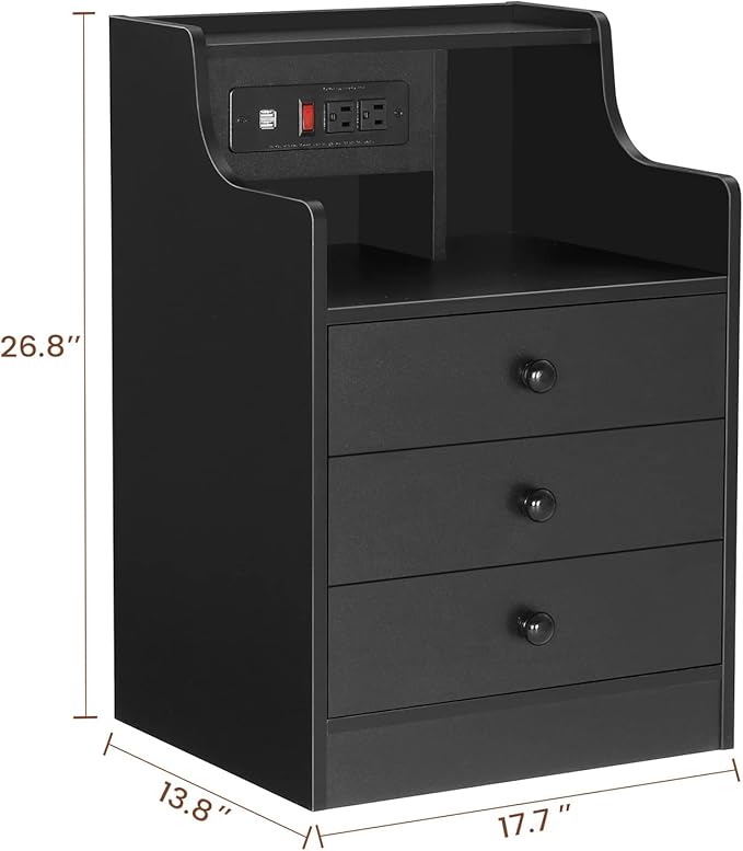 ADORNEVE Nightstand with Charging Station,Black Night Stand for Bedroom,End Table with Hutch & Storage Drawers