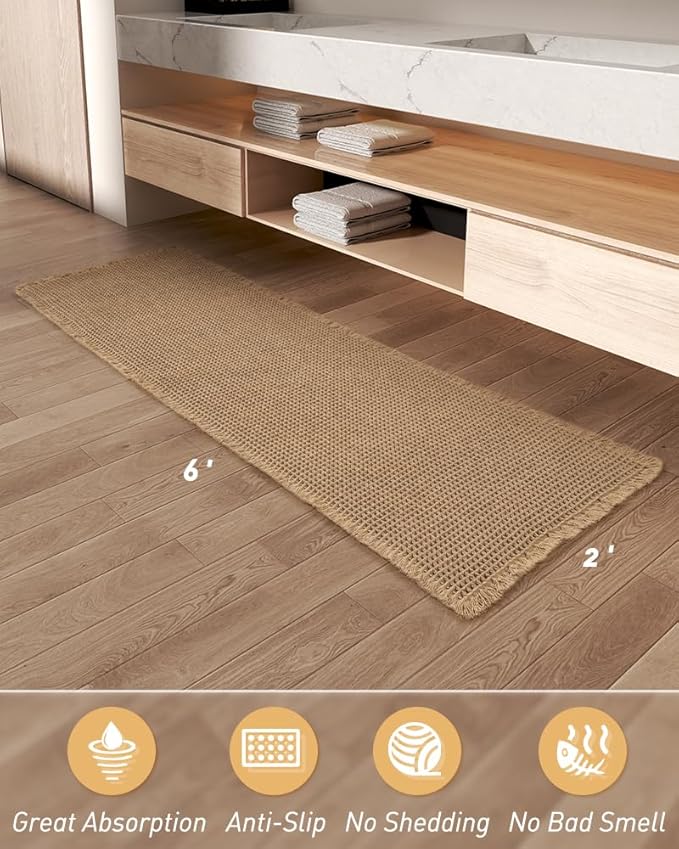 Upgraded Waffle Runner Rug, Super Absorbent Non Slip Bath Mats for Bathroom Floor, Machine Washable Bathroom Runner Rug with Tassels, Ideal for Hallway Bedroom Laundry Room, Brown, 2'x 6'(24" x 72")